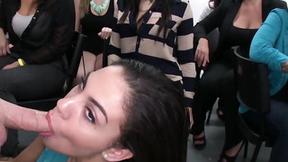 ”Bachelorettes slobbering on stripper cock at a CFNM party”