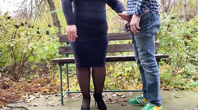 Thick curvy milf milked hard in nylon stockings on park bench