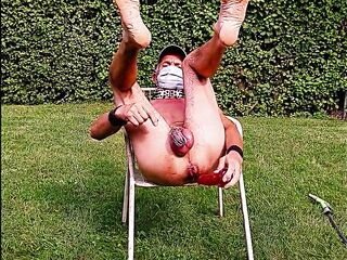 in nature's garb pathetic white serf outdoor in dong cage enema, homo wench shows sextoy clean, cucumber screw, banana screw, CMNM