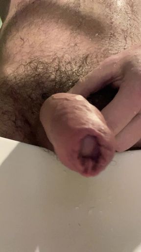 Wet uncut cock in the bathroom