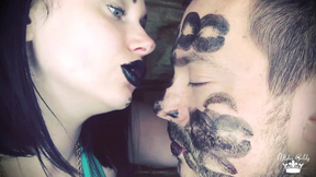 Covering Alex with black shiny lipstick kisses all over his face!
