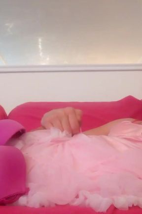 Leatransteen cum in pink satin sissy dress