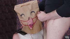 Kinky pervert in mask fucks mouth of naughty chick with bag on head