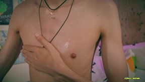 playing with my nipples, oil and clamps.