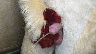 VinLeijona's kinky homemade fursuit makes him cum hard while peeing and jerking off