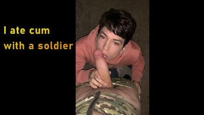 Twink takes soldier's thick cock in that pretty mouth and sucks it