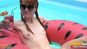 Pigtailed red head gets fucked after swimming in the pool