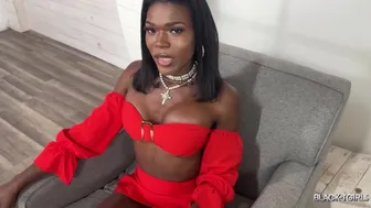 Debut Ebony Tgurl with Big Tits and Huge Cock Masturbates in Red Dress
