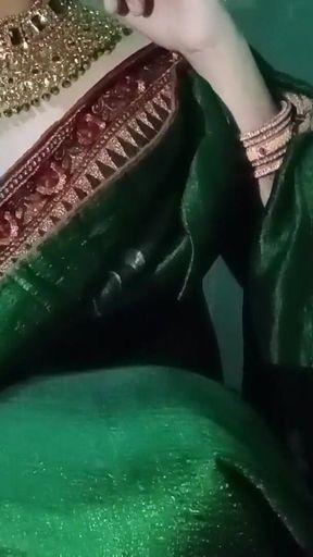 Indian Gay Crossdresser Gaurisissy Pressing His Boobs so Hard and Enjoying in Green Saree