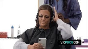 Hot black milf Ana Foxxx fucks with her client in front of her