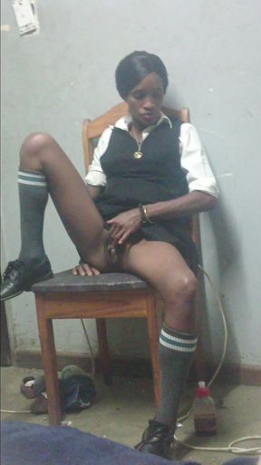 Black Teenager Play with Black Pussy in Her School Uniform on a Chair
