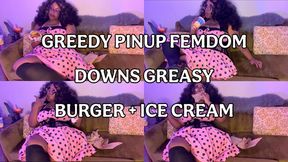 Greedy Pinup Femdom downs greasy cheeseburger