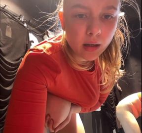 Public dressing room masturbation by a hot busty teen Blonde