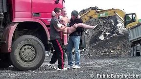 Blonde beauty takes 2 cocks at public construction site