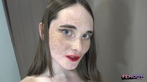 FEMOUT XXX Pale-Skinned Trans Woman in Stockings Masturbates and Takes Anal on Couch