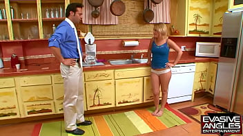 EVASIVE ANGLES She is very close with her stepdaddy, so when he asks her to get in the kitchen, so knows what he means, and gets right down on hands and knees so she can pleasure his dick.