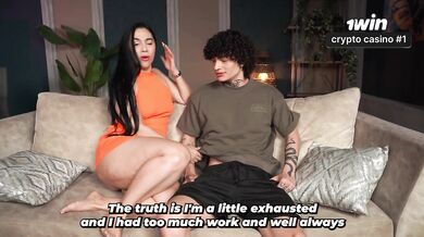 Big-bootied stepmom catches her stepson jerking off and shows him how it's done