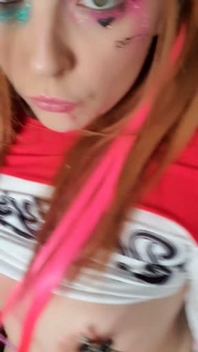 Harley Quinn cosplay gagged drooling saliva nipple clamps