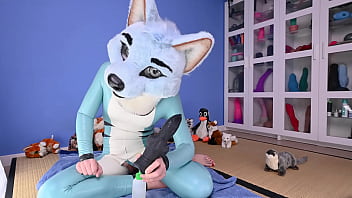 Latex Fursuiter Girl Play With Huge Toys