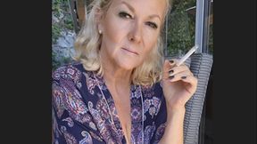 Smoker Queen Joan enjoys her relaxed sexy morning smoke on the patio