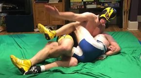 Hot jock wrestler after match: bondage, gutpunching, ball slapping