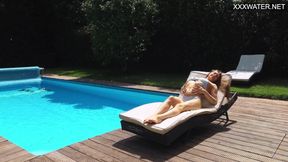 Hot blonde Russian gymnast Mia Split shows off tight pussy in public poolside underwater show
