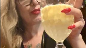 White Camel - Smoking and drinking in the restaurant - Deep Inhales, Nose exhales, Multiple pumps, Puffs, Long blonde hair, Red lipstick, Long red nails
