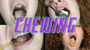 curly and curvy girl chewing and eating
