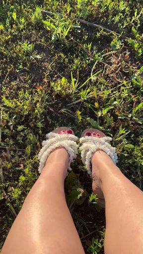 Wearing furry slippers