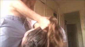 Clothed sex milf in silky dress, nightie, panties, heels &amp; fishnet, blowjob, rimmjob, spanking, anal fuc - backing view - full