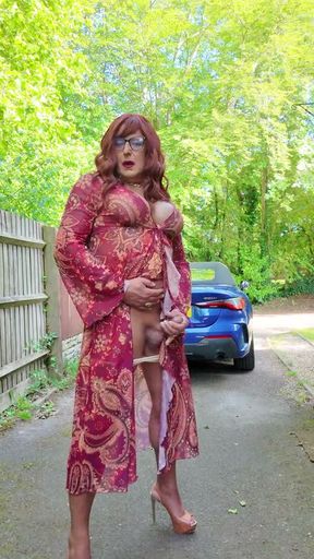 Crossdressing kellycd2022 enjoying the lovely warm weather in nylon and heels