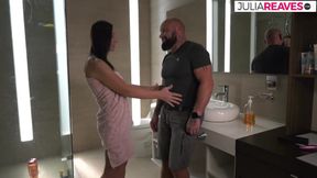Horny girl sucks lovers cock then gets fucked to a cumshot in the bathroom