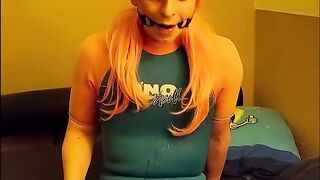 Crossdresser nymph instructs gag reflex with throatgag in taut wetsuit