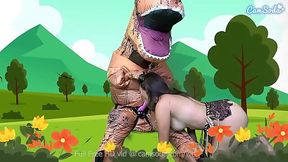 Madi Laine satisfies a dinosaur's desires.