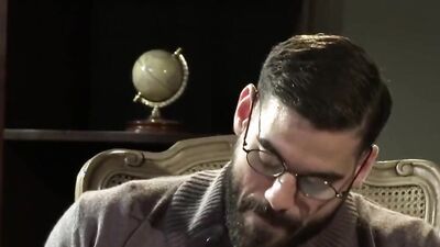 Handsome daddy with a beard massaged by a younger guy before banging him