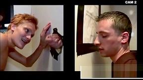 Straight guy cums through glory hole