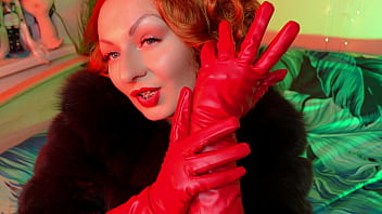 red gloves fetish tease and seduce video - leather and fur ASMR clip with hot sounding