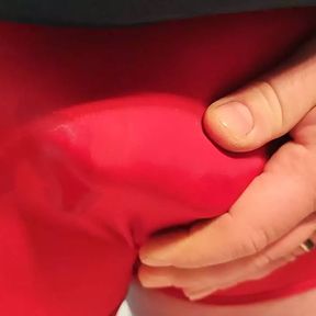 Cumshot in red spandex pants