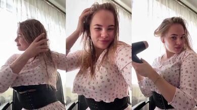 Blonde plus size babe gushes on huge natural tits while solo fucking herself raw