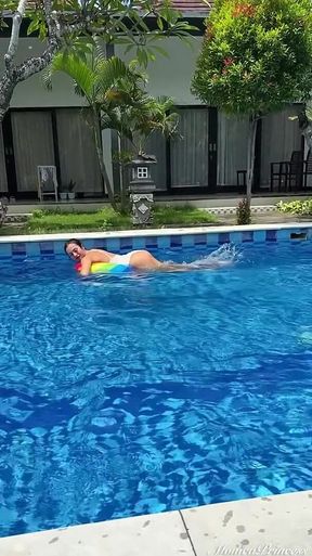 Outdoor Yoga Tree Pose & Tease in See-through Bodysuit in the Pool
