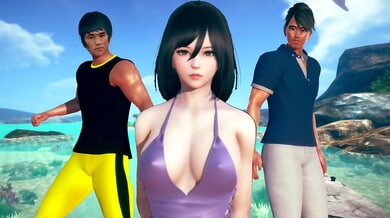 Animated threesome on the beach with a black-haired beauty and two muscular men in VR quality