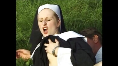 Blonde nun in woods takes cock deep in mouth and rides hard on open grass