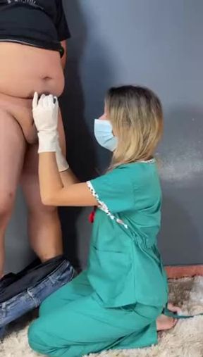 I take care of my patient's cock until it ends in my tits, mouth and face