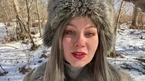 Sexy Russian girl gives a cold winter forest oral