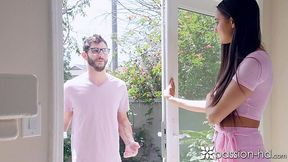 Charming brunette Eliza Ibarra fucks her neighbor because of interrupted masturbation