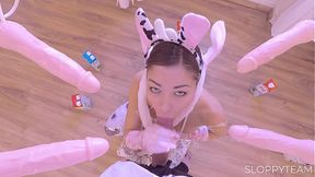 MILF with Fake Boobs - BlowBang Blowjob GangBang Dildos