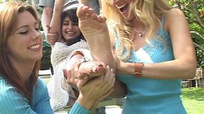 Roped To A Backyard Swing, Rose Bancroft Is Tickled Silly By Pals Hannah Thurman, Holly Manning And Her Man!