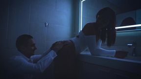 blowjob in public restroom: petite ebony reunites with her ex and deepthroats his cock in a restaurant.