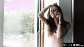 ”Slim brunette Kira Zen strips nude & rubs her cunt”