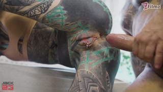 Second part Fully tattooed girl gets all her holes pounded by a huge cock and gets cum in her anal gape double penetration